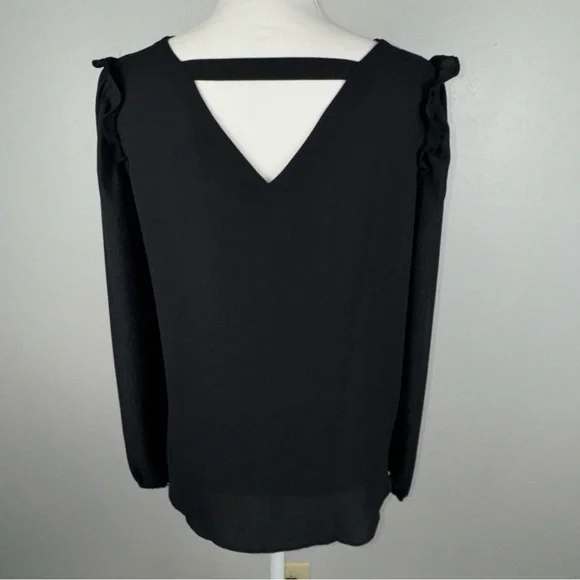 Loft Womens XS Black Blouse Top Long Sleeve w/ Ruffle Back Cutout Semi Sheer NWT - Picture 3 of 10